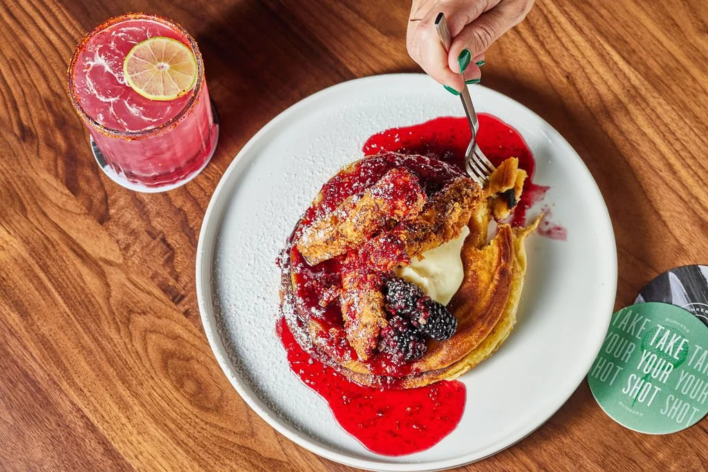 Chicken and waffles with a spicy margarita at Bunkers brunch